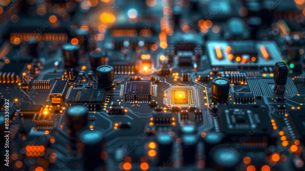 Poster macro close-up of a detailed and intricate electronic circuit board highlighting technological sophi