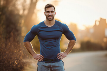 Fit smiling muscular man posing outside. Fitness and sport concept