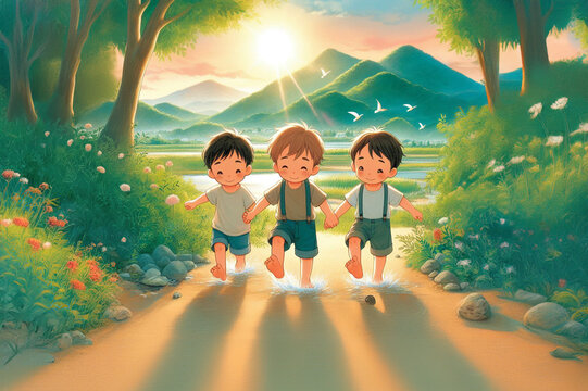 drei Freunde Kinder Jungen stapfen barfu&szlig; durch seichtes Wasser Pf&uuml;tze spritzt hoch im Sommer, warmes Licht einer gr&uuml;nen Landschaft im Hintergrund als Vorlage Freude spielen gemeinsam Natur erleben