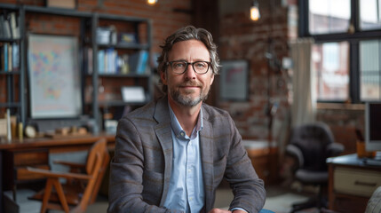 Middle-aged businessman smiling confidently in a modern office setting, reflecting experience and professionalism.
