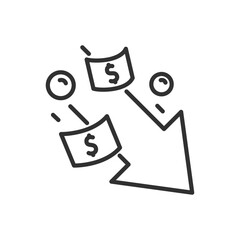 Amount of money falling, linear icon, down arrow and bills. Line with editable stroke