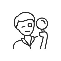 Fototapeta premium A person with a magnifying glass, linear icon. Examining through a magnifying glass. Line with editable stroke