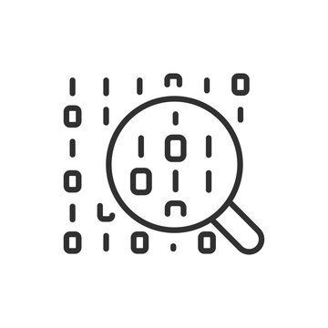 Analyse and decipher a code, linear icon. Digital code and magnifier. Line with editable stroke