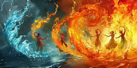 The Elemental Dance - Amidst swirling flames and cascading water, a group of elemental beings perform a dazzling display of their power, leaving spectators awestruck by their beauty and control.