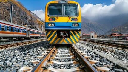   Yellow and blue train travels along mountain-backed tracks with another train nearby