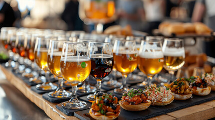 A table lined with glasses of beer ranging from pale ale to stout, paired with gourmet appetizers at a tasting event.