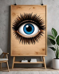 Mockup cuadro de madera poster con un ojo azul 3d