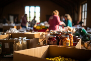 Mature man working as volunteer at community center and arranging donated food and water in boxes
