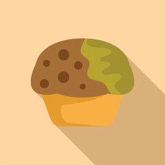 Stylized flat design of a chocolate chip muffin with a pastel background