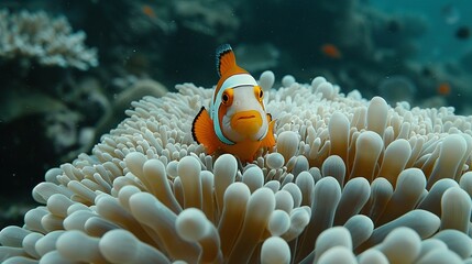   An orange and white fish perched atop an anemone on a second anemone beneath the waves