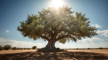 International day of argania, majestic argan tree in the desert standing tall against a backdrop of hot summer sun