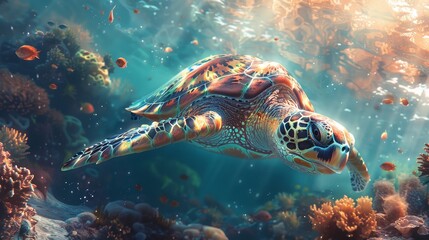 A sea turtle swimming through a coral reef in ocean, pixel art. AI generate illustration