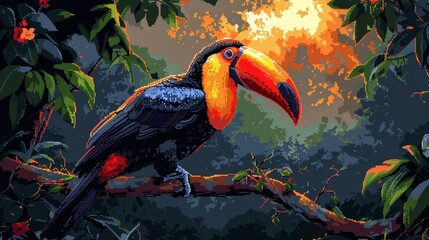 Fototapeta premium Toucan perched on branch in rainforest canopy, pixel art. AI generate illustration