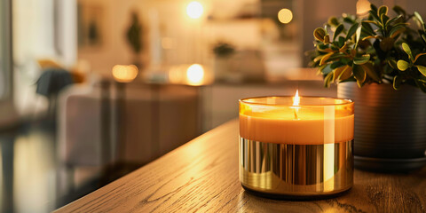 illustration of a luxury candle in front of a blurry living room