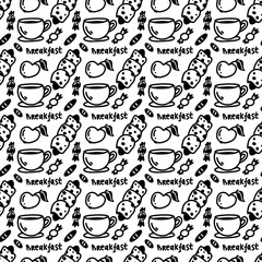 Doodle vector seamless pattern  cups, apple fruits,  sandwiches and sweets.  Cute  hand drawn elements and word breakfast isolated on white background.