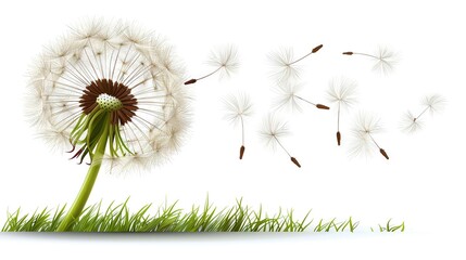   A dandelion blowing in the wind against a white background surrounded by green grass