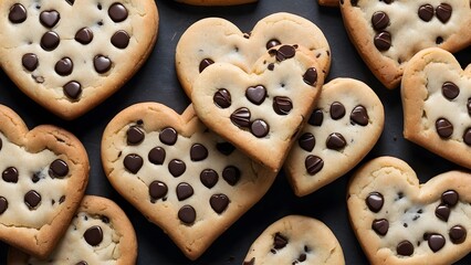 National chocolate chip day, chocolate chip cookies in shapes of hearts, suitable for advertisement banner ad, baking background theme