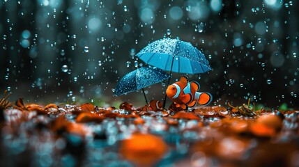   An orange clownfish under an umbrella in the rain