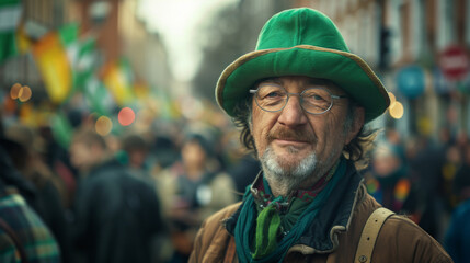 Portrait of an elderly man in a green hat smiling during a Saint Patrick's Day parade in an urban setting. - Powered by Adobe