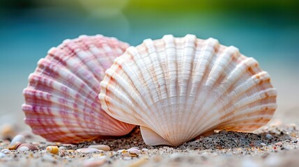   A detailed image of two seashells on a beach with a hazy background of sand and seaweed