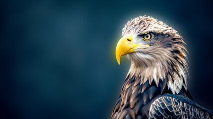 Obraz premium Side Angle View of a American Bald Eagle Bird or Haliaeetus Leucocephalus head on dark blue background