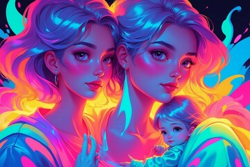 Fototapeta premium vector cartoon illustration of two girls and a rainbow
