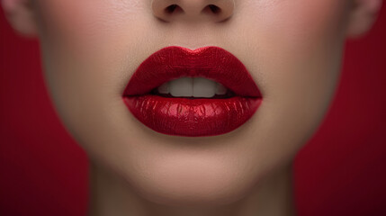 Pretty Sexy Red Lip with Red Lipstick on Red,
close up portrait of a woman