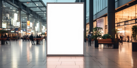 Mock up. Vertical advertising billboard, lightbox with empty digital screen on railway station. Blank white poster advertising, public information board stands at station in front of people and train 