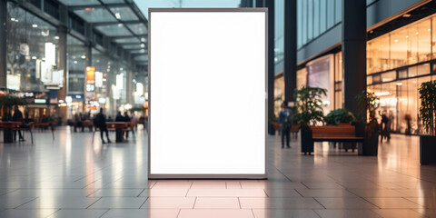 Mock up. Vertical advertising billboard, lightbox with empty digital screen on railway station. Blank white poster advertising, public information board stands at station in front of people and train  - Powered by Adobe