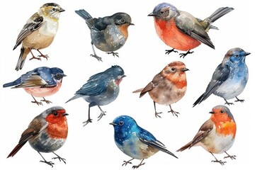 Fototapeta premium Even More Bird Species, Pastel-colored, in hand-drawn style, watercolor, isolated on white background