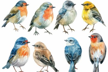 Fototapeta premium Even More Bird Species, Pastel-colored, in hand-drawn style, watercolor, isolated on white background