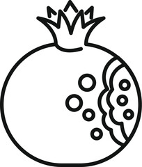 Black and white simple line drawing of a cartoon pomegranate, suitable for coloring and educational materials