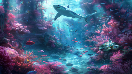  A painting depicts a shark swimming in an ocean with vibrant coral reefs and various marine...