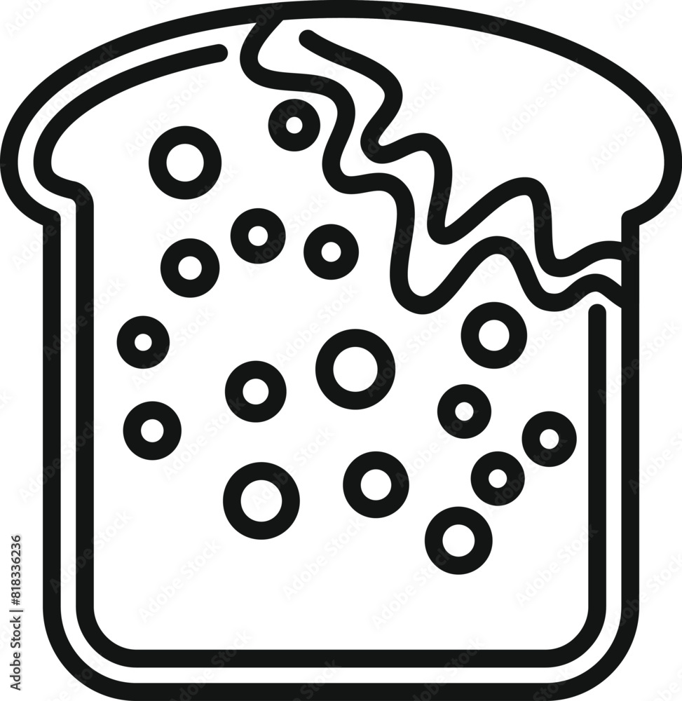 Poster simplified black outline of a bread slice with dripping jam and dot pattern, isolated on white