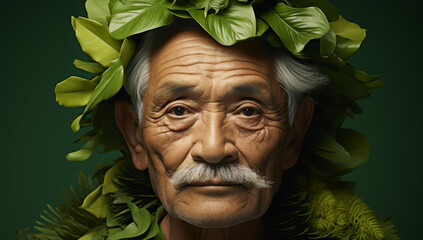 image of old hispanic man with green leaves representing nature harmony