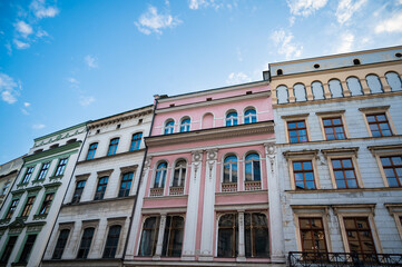 Close-up Facade of Historical Architecture near Market Square, Rynek Glowny of Krakow Poland. Tourists Attractions.
