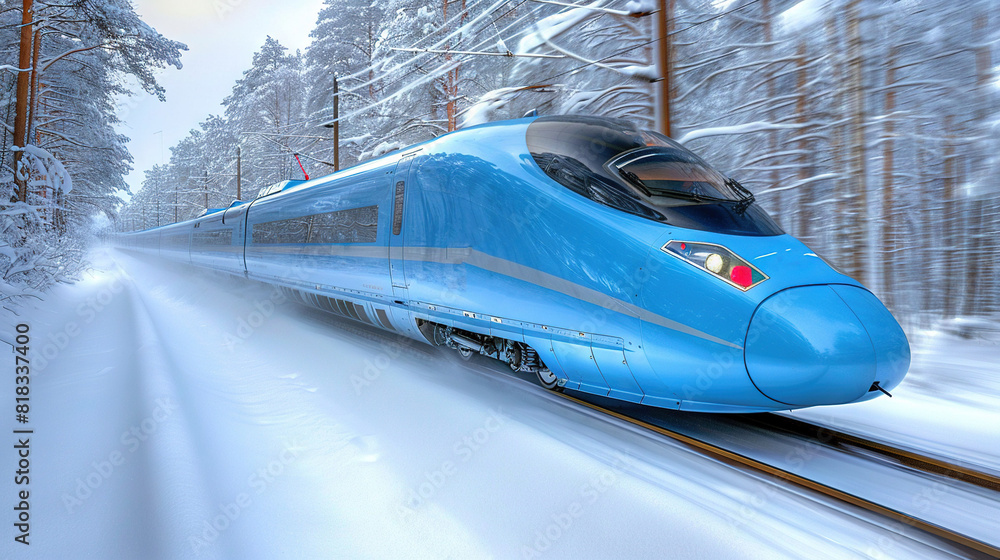 Poster a blue train descends snow-covered tracks amidst trees