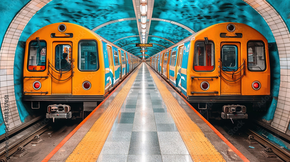 Canvas Prints a pair of trains stopped beside one another on a railway line near a platform at a train station