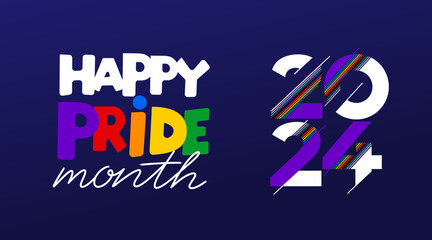 2024 LGBT Pride Typography Vector. Template logo, Pride Text with LGBTQ 2024 Rainbow Flag Colours. Creative Retro Text Lettering for Pride Month background. Vector illustration.