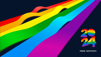 2024 Colorful LGBTQIA pride month banner with new pride flag background. 2024 logo vector template background. Card, poster graphic design, flyer, wallpaper. Happy pride month color illustration.