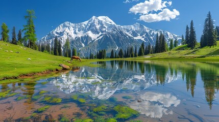   A horse stands in the grass near a lake with a mountain in the backdrop and clouds above
