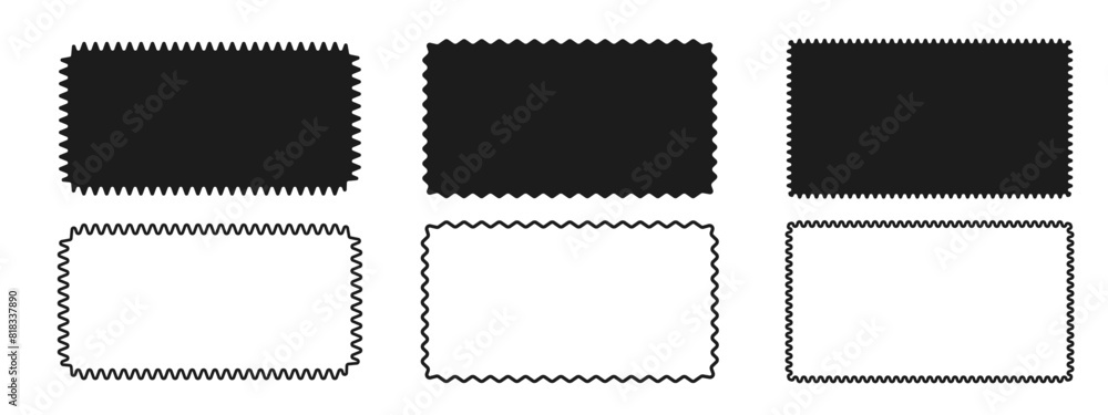 Aufkleber set of rectangular geometric frames with zigzag wavy edges isolated on white background. vector illu