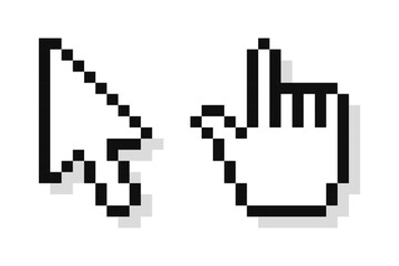 Pixel mouse arrow pointer icon set, video game style. Pixel art cursor arrow, hand.
