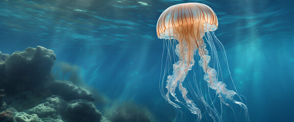 A serene underwater scene featuring a luminescent jellyfish gently drifting - Powered by Adobe