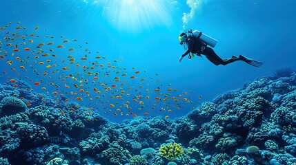   A scuba diver glides above a vibrant coral reef, surrounded by a mesmerizing school of fish