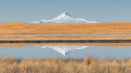   A vast expanse of water rests amidst a barren landscape, abutting a towering white peak capped...