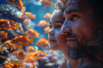 A father and daughter enchanted by the vibrant marine life at an aquarium, perfect for family and travel themes. World Ocean Day.