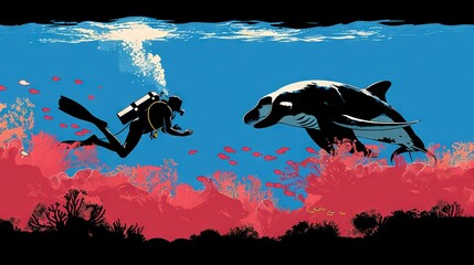 Fototapeta premium Two people swimming with a shark and orca on a coral reef in an ocean painting