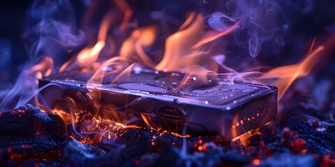Lithium battery fire caused by overheating raises safety concerns. Concept Battery Safety, Lithium Batteries, Technology Hazards, Fire Prevention, Overheating Risks