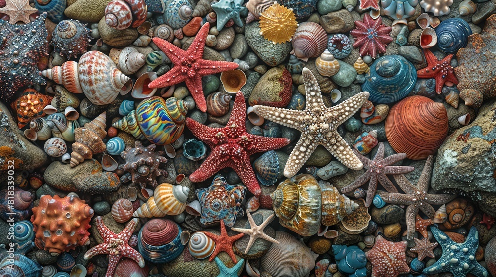 Poster a group of starfishs and seashells is displayed in a colorful wall of rocks and seashells